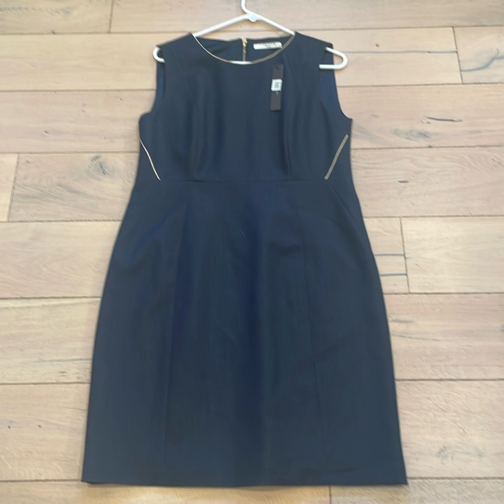 Tahari dress, NWT, 14P very dark blue with gold thread.